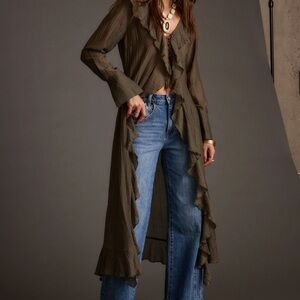 12th tribe naomi top - Ruffled Olive Green Duster Cardigan
